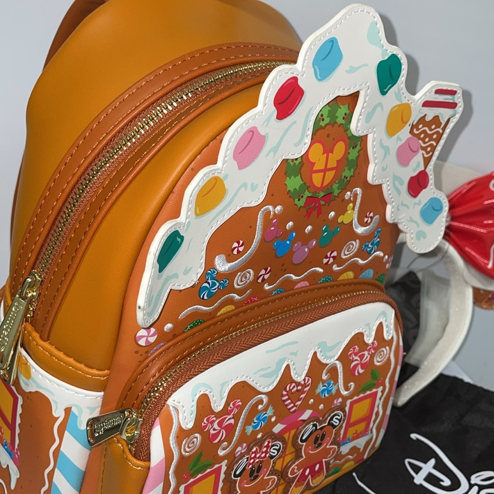 Loungefly Gingerbread house Minnie & Mickey Backpack& matching ears - Picture 2 of 7